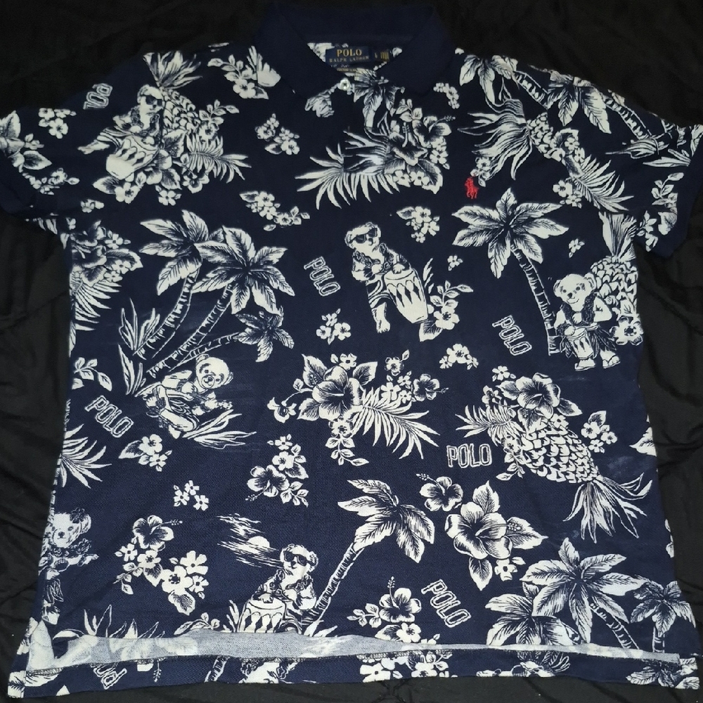 Polo by Ralph Lauren Blue and White Tropical Print Men's Polo